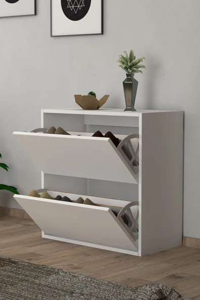 Moonlife 2 Kapaklı Kayar Raflı Ayakkabılık Beyaz - 2