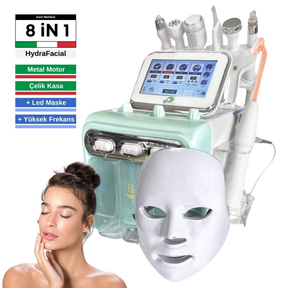 Hydrafacial 8 in 1 Led maskeli + Yüksek Frekans ( High Frekans ) Cilt Bakım Cihazı Büyük Motor