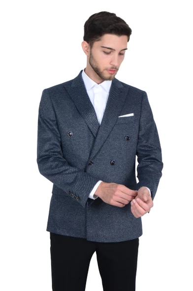 Cengiz İnler Kırlangıç Yaka Verev Desenli Erkek Kruvaze Ceket - 10