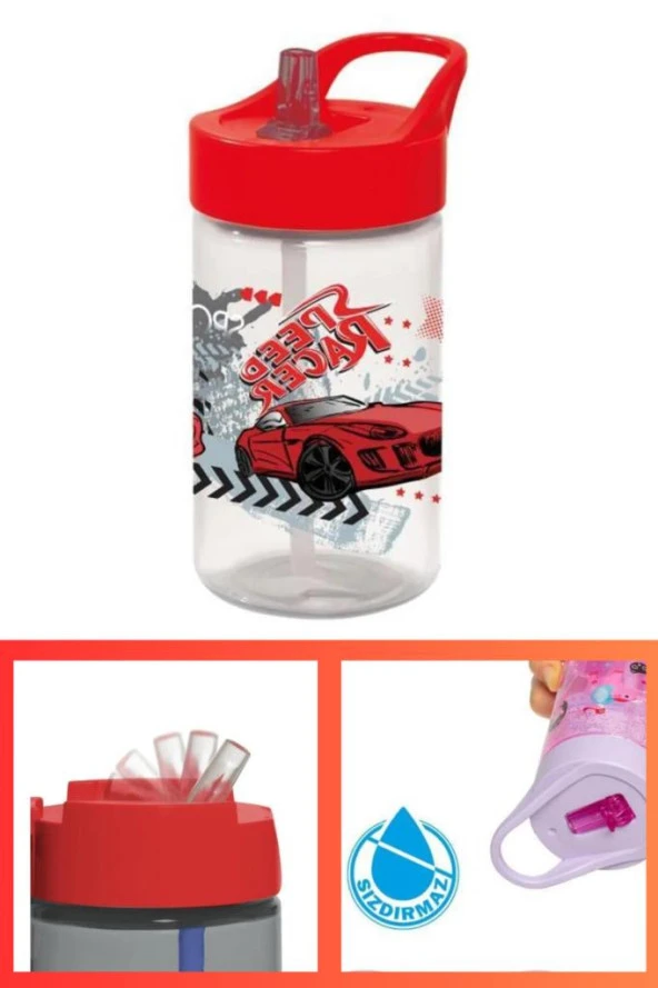 Flosoft Yarış Arabası Pipetli Çocuk Matara, Racer Desen Kapaklı Su Süt Meşrubat Bardağı 430ml - 3