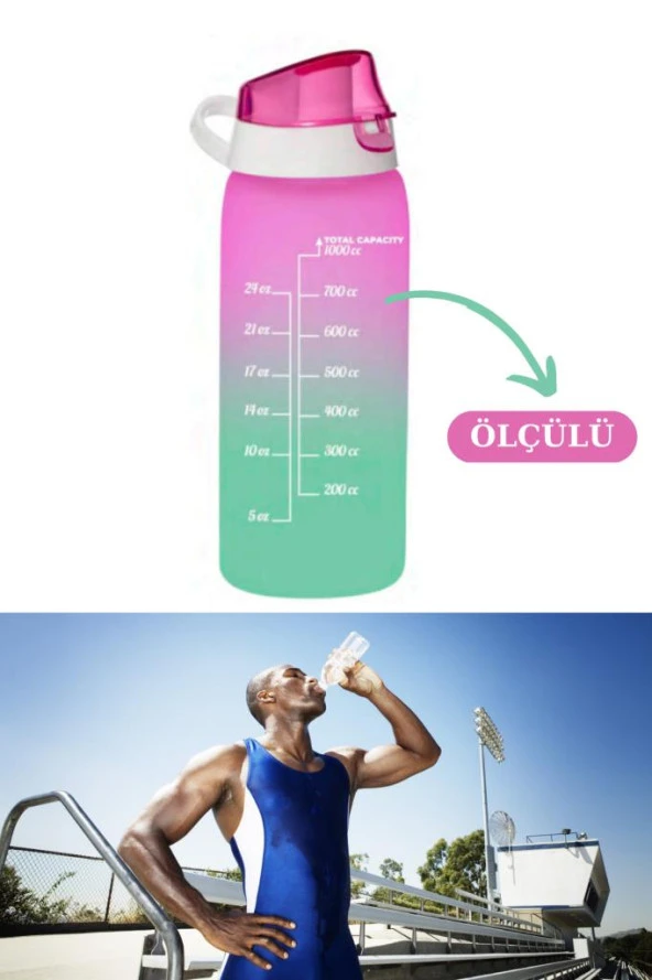 Flosoft 1 litre Çift Renk Suluk, Okul ve Sporcu Matarası, Motivasyonel Su Şişesi 1000ml Pembe - 2