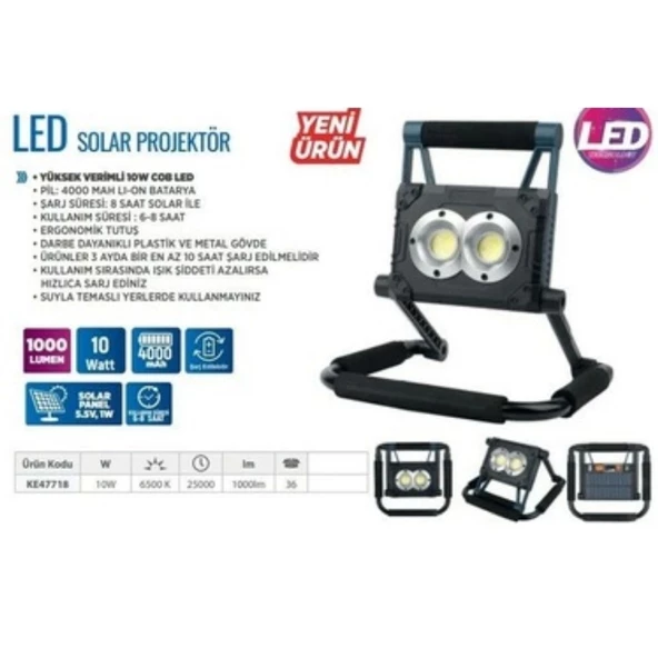 Klaus Güneş Panelli Projektör 10W 4000 MAH 2XCOB 1000 Lumen - 2