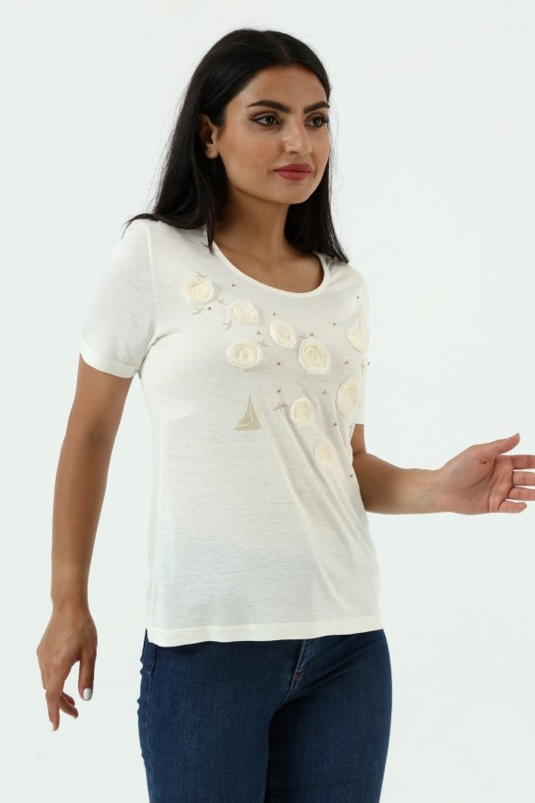 Yelken Baskı Ve Nakış Detaylı Merserize Örme T-shirt - 3