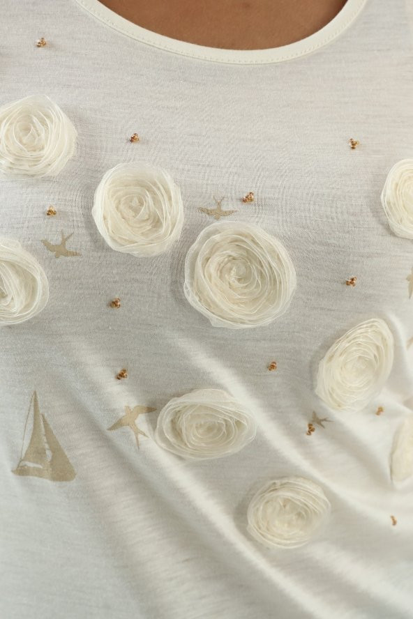 Yelken Baskı Ve Nakış Detaylı Merserize Örme T-shirt - 5