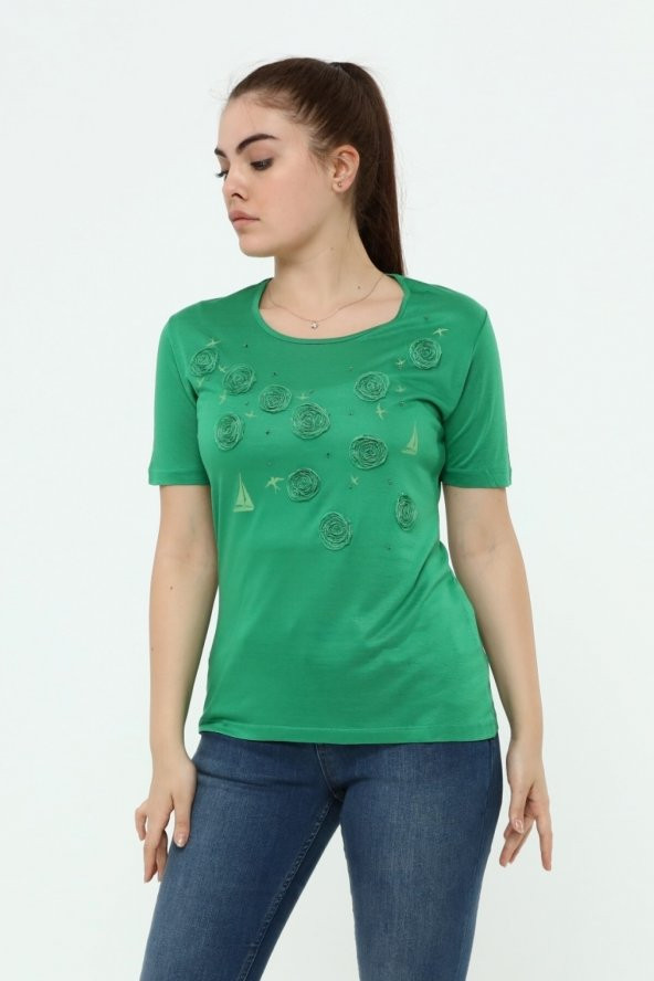 Yelken Baskı Ve Nakış Detaylı Merserize Örme T-shirt - 7