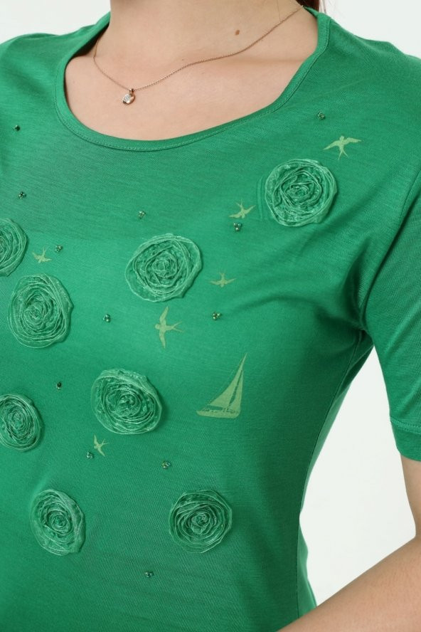 Yelken Baskı Ve Nakış Detaylı Merserize Örme T-shirt - 11