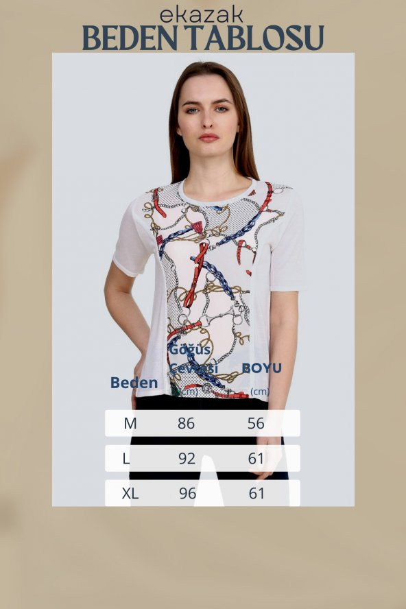 Beyaz Metalik Baskılı Viskoz Bluz T-shirt - 5