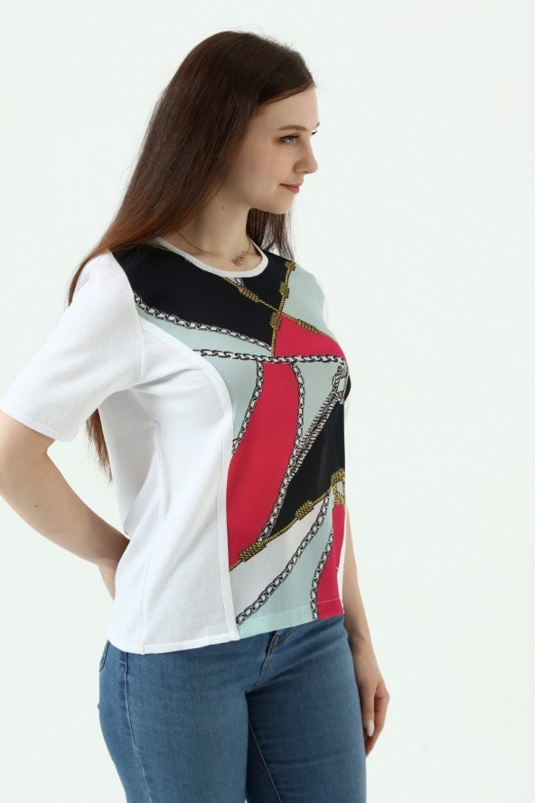 Beyaz Metalik Baskılı Bluz - 3