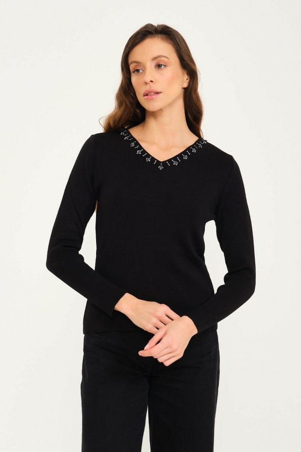 Kristal Taş Motifli Triko Örme Kazak - 4