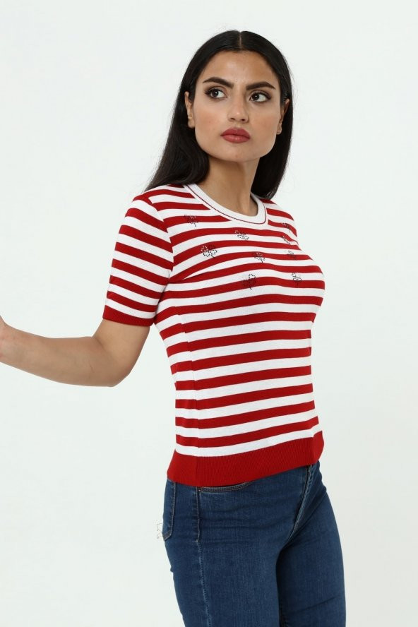 Çizgili Yonca Kısa Kol Fit Kesim T-shirt - 10