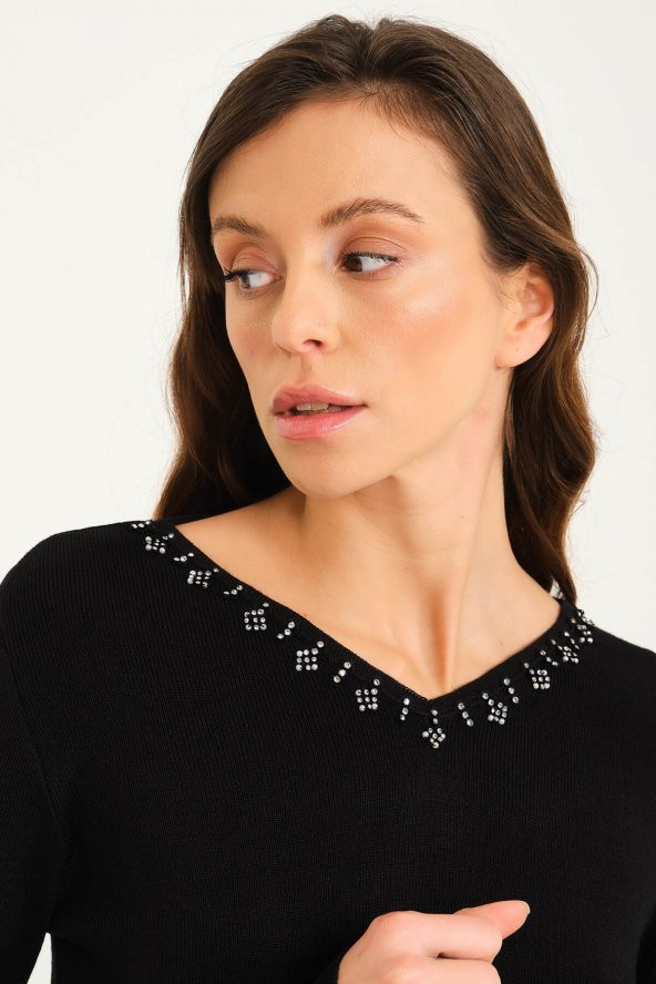 Kristal Taş Motifli Triko Örme Kazak - 6