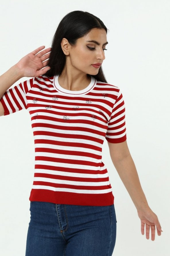 Çizgili Yonca Kısa Kol Fit Kesim T-shirt - 11