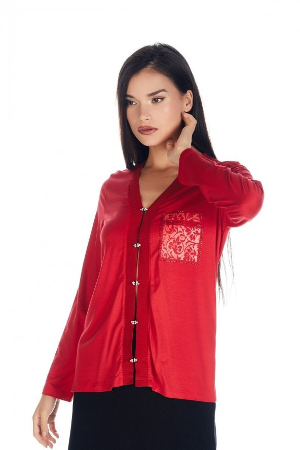 Kristal Taşlı Agraf Cep Baskılı Konfor Viskoz-lycra Hırka - 10