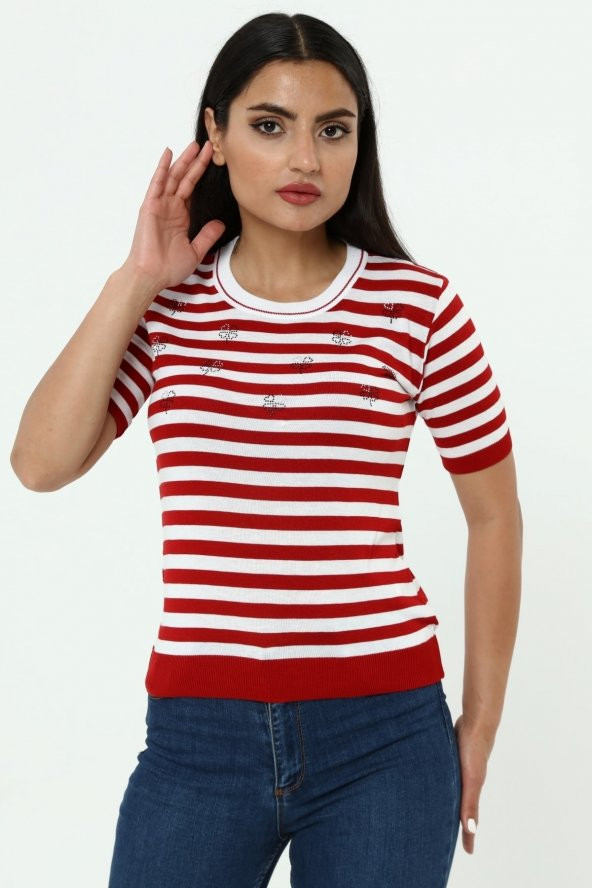 Çizgili Yonca Kısa Kol Fit Kesim T-shirt - 8
