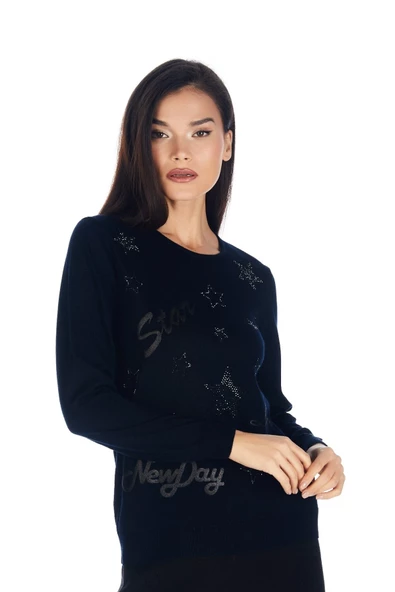 Kadın Kristal Taş Baskı Dejorlu Triko Kazak - 3