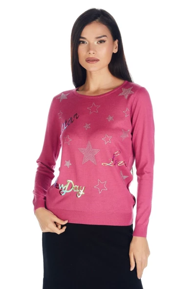 Kadın Kristal Taş Baskı Dejorlu Triko Kazak - 6