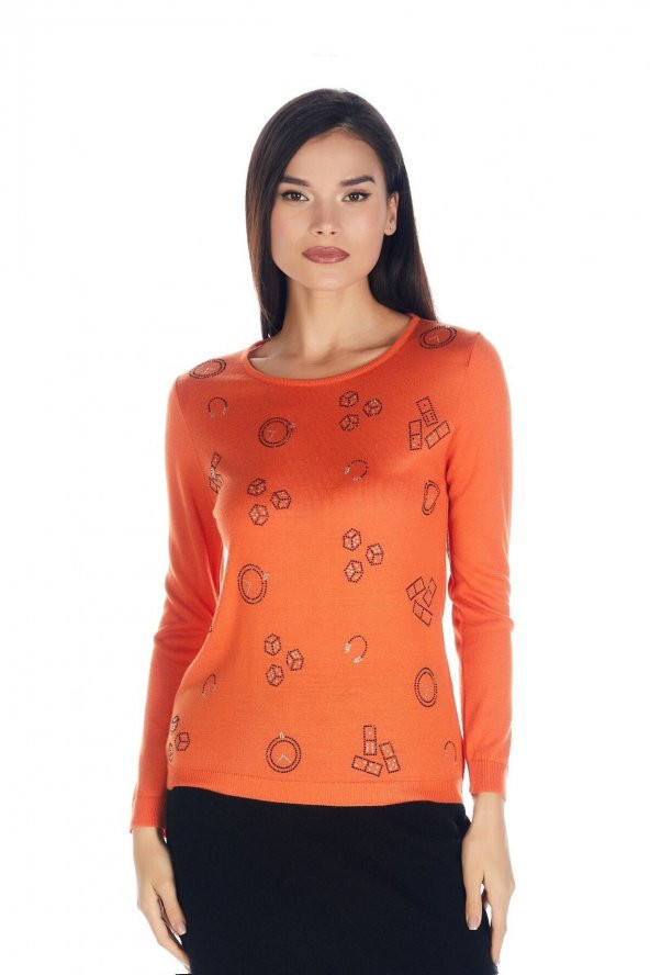 Kadın Orange Kristal Taş Baskılı Luxury Triko Tişört