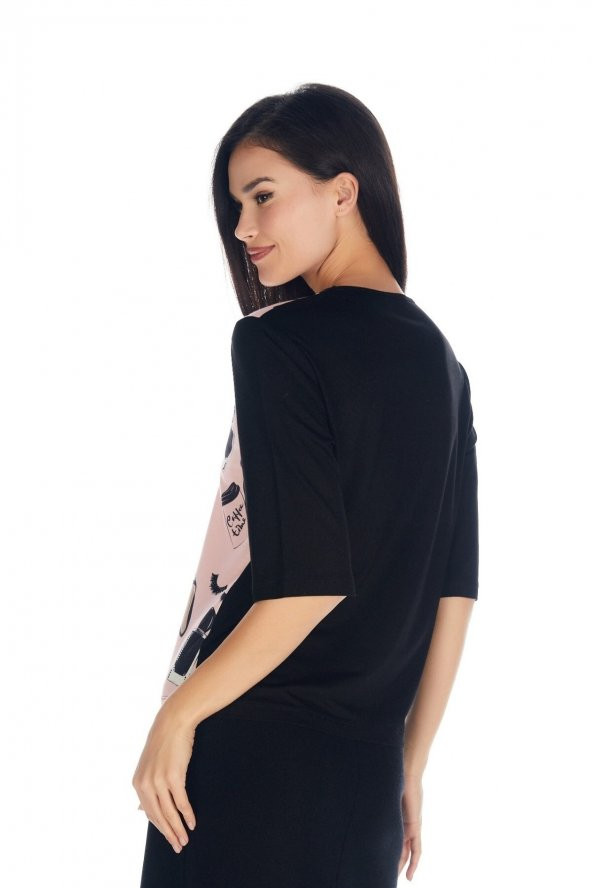 Kadın Siyah Make-up Baskılı Kristal Taşlı Viskoz Tişört - 2