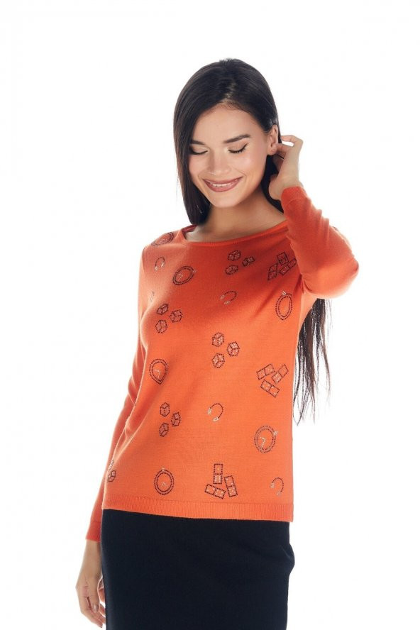 Kadın Orange Kristal Taş Baskılı Luxury Triko Tişört - 3