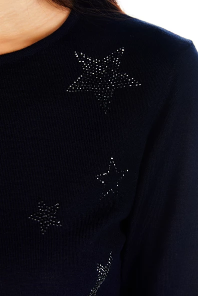Kadın Kristal Taş Baskı Dejorlu Triko Kazak - 4