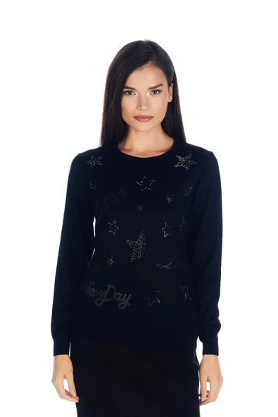 Kadın Kristal Taş Baskı Dejorlu Triko Kazak