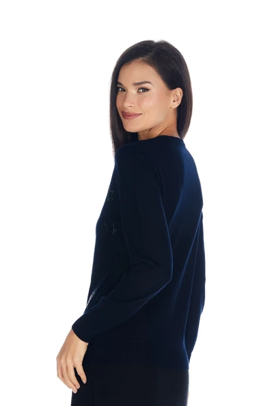 Kadın Kristal Taş Baskı Dejorlu Triko Kazak - 2