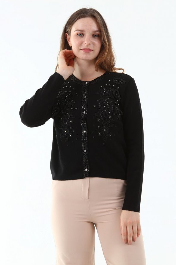 Güpür Kristal Taşlı Boncuk Payet El İşçiliği Hırka - 3