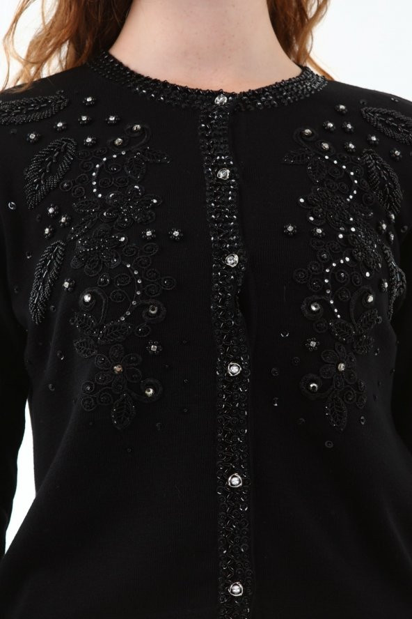 Güpür Kristal Taşlı Boncuk Payet El İşçiliği Hırka - 5