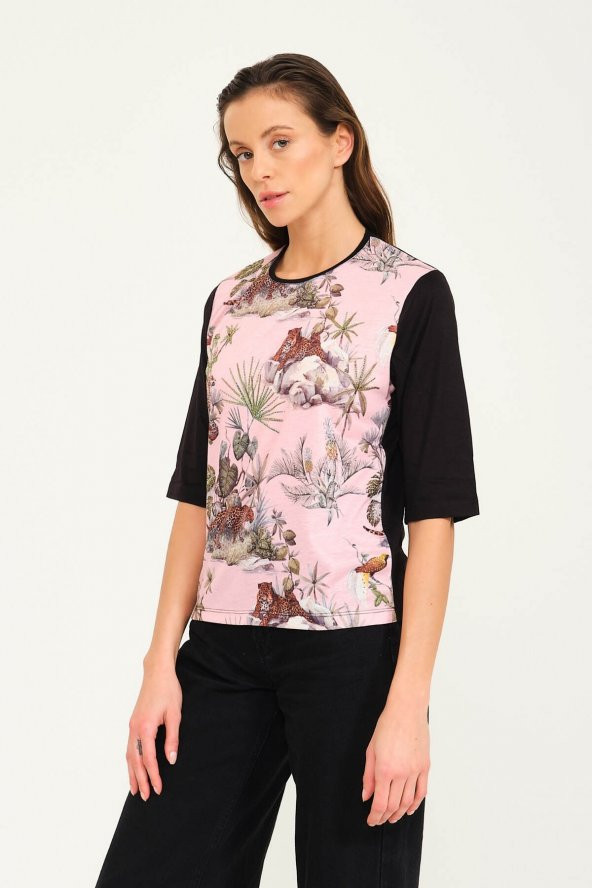 Tropikal Desen Basılı T-shirt Bluz - 3