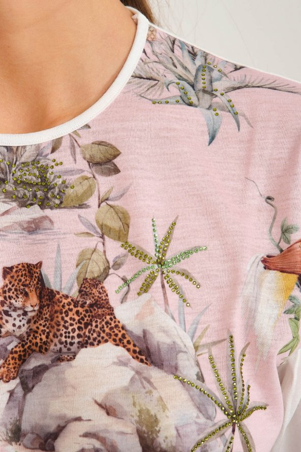 Tropikal Desen Basılı T-shirt Bluz - 12