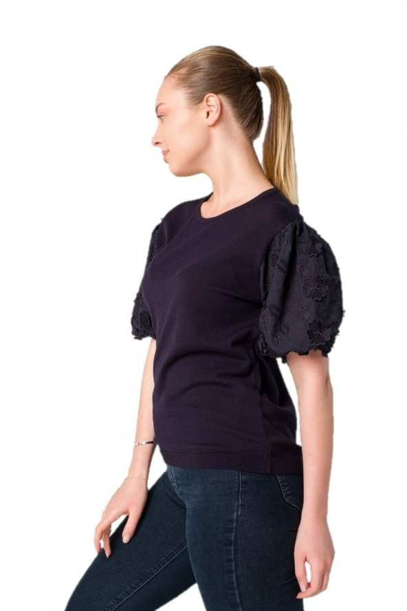 Güpür Dantel Yonca Çiçekli Kol Bluz - Resim 3