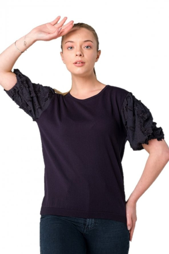 Güpür Dantel Yonca Çiçekli Kol Bluz - Resim 4