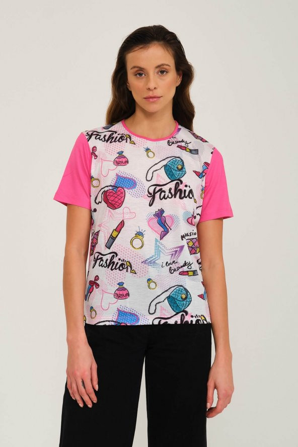 Fashion Baskılı Kristal Taşlı Viskoz T-shirt