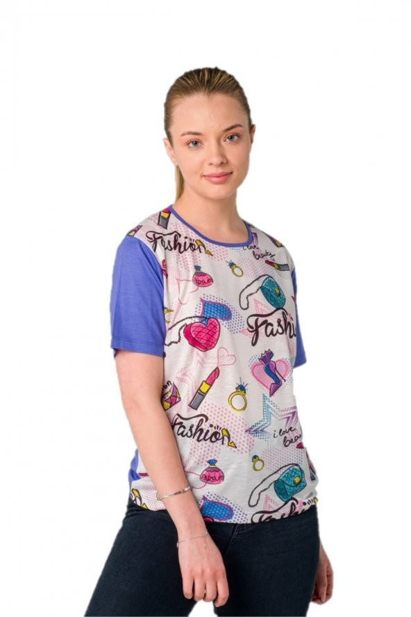 Fashion Baskılı Kristal Taşlı Viskoz T-shirt - 11