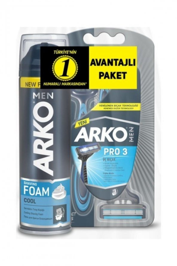 Arko Men T3 Pro 3 Bıçaklı Tıraş Bıçağı 3lü & Cool Tıraş Köpüğü 200 ml Avantaj Paketi