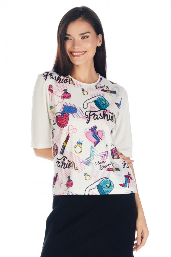 Crystal Baskılı Luxury Viskoz Tshirt Bluz - 3