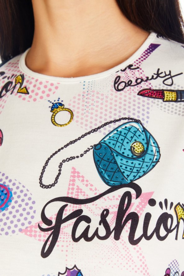 Crystal Baskılı Luxury Viskoz Tshirt Bluz - 4