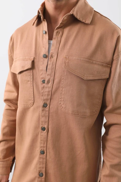 Erkek Oversize Jean Gömlek Bej - 5