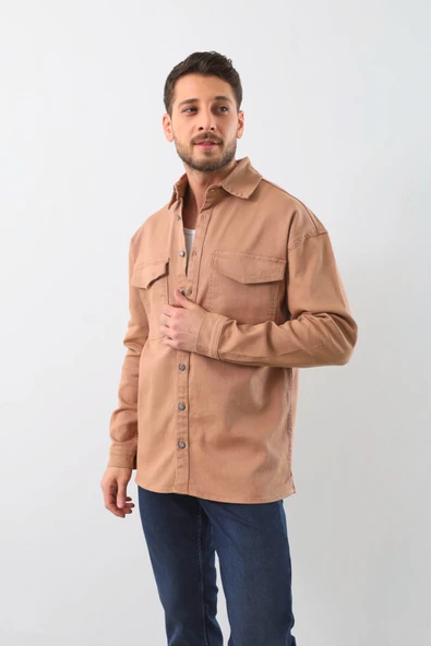 Erkek Oversize Jean Gömlek Bej - 3