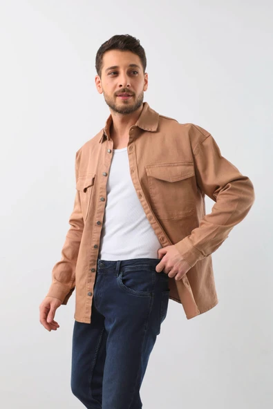 Erkek Oversize Jean Gömlek Bej - 2