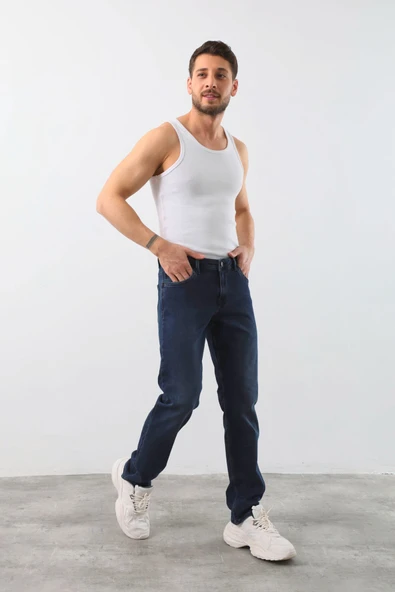 Erkek Likralı Straight Fit Jean Pantolon Mavi - Resim 3