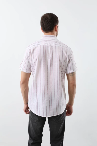 Erkek İnce Kırmızı Çizgili Kısa Kollu Gömlek - 5