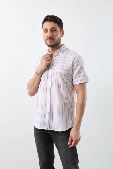 Erkek İnce Kırmızı Çizgili Kısa Kollu Gömlek - 2