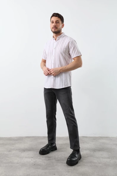 Erkek İnce Kırmızı Çizgili Kısa Kollu Gömlek - 3