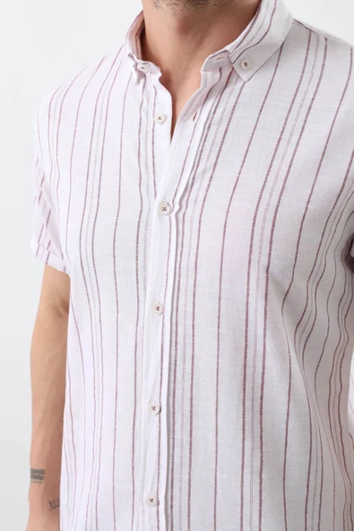 Erkek İnce Kırmızı Çizgili Kısa Kollu Gömlek - 6