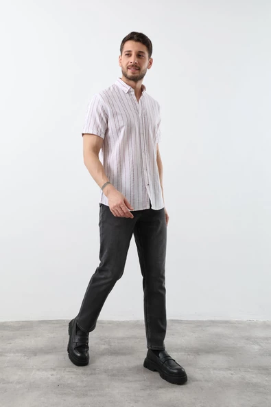 Erkek İnce Kırmızı Çizgili Kısa Kollu Gömlek - 4