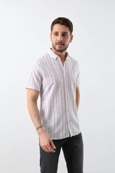 Erkek İnce Kırmızı Çizgili Kısa Kollu Gömlek