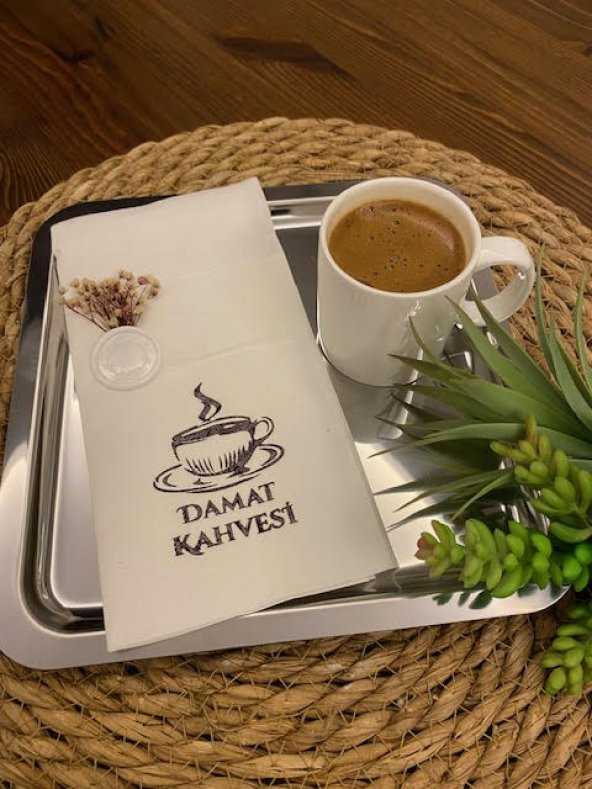 Siyah Yaldızlı Beyaz Mühürlü Çiçekli Damat Kahvesi Cepli Peçete