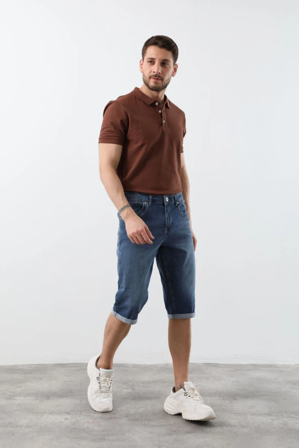 Erkek Likralı Regular Fit Jean Şort Mavi