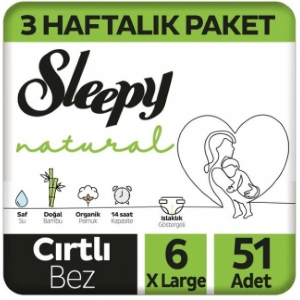 Sleepy Natural 3 Haftalık Paket Bebek Bezi 6 Numara Xlarge 51 Adet